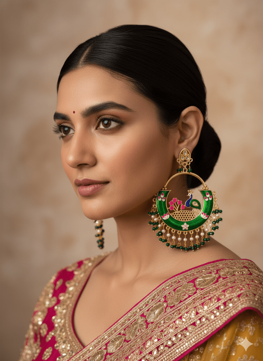 Zevar Earrings Green Peacock Meenakari Chandbali Jhumka Earrings