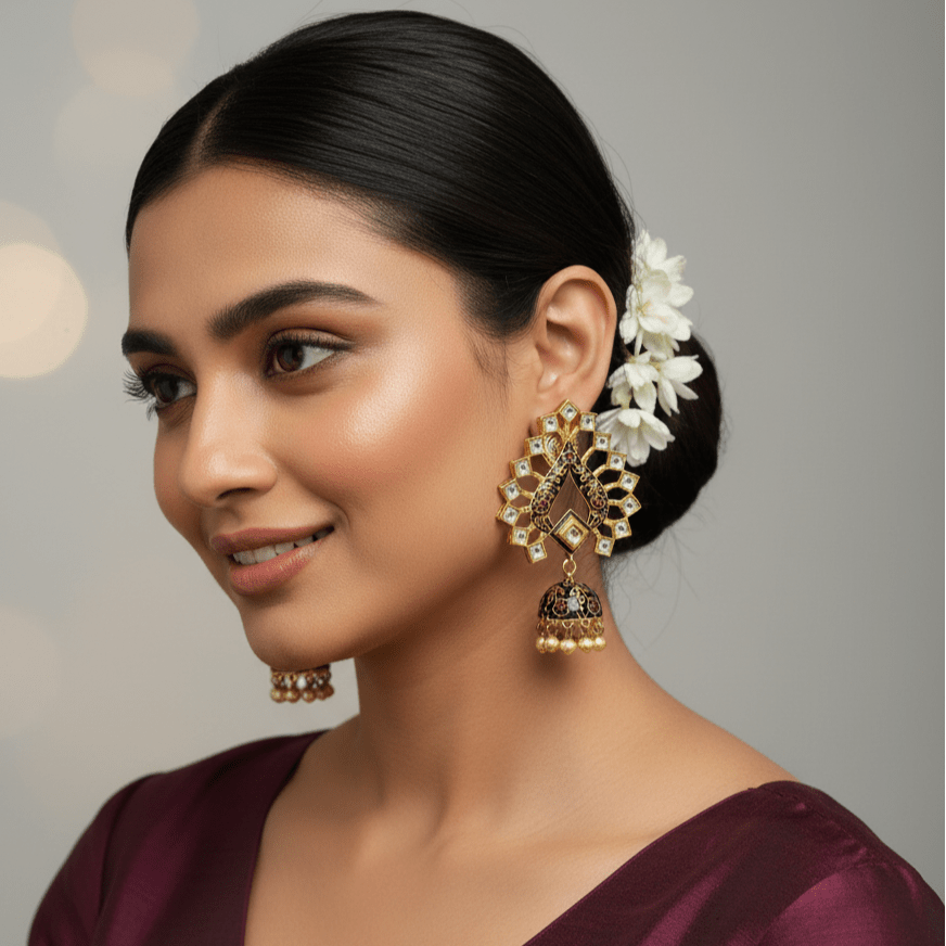 Zevar Earrings ZEVAR | Black Meenakari Kundan Stud Earrings with Jhumka & Pearl Drops