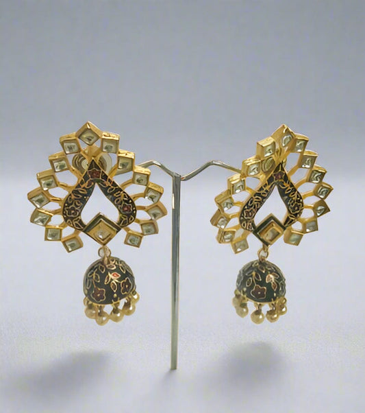 Zevar Earrings ZEVAR | Black Meenakari Kundan Stud Earrings with Jhumka & Pearl Drops