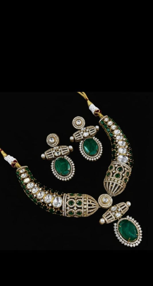 Zevar Hasli Necklace Set Emerald Green Roya Polki Kundan Hasli Necklace Set with Victorian Accents