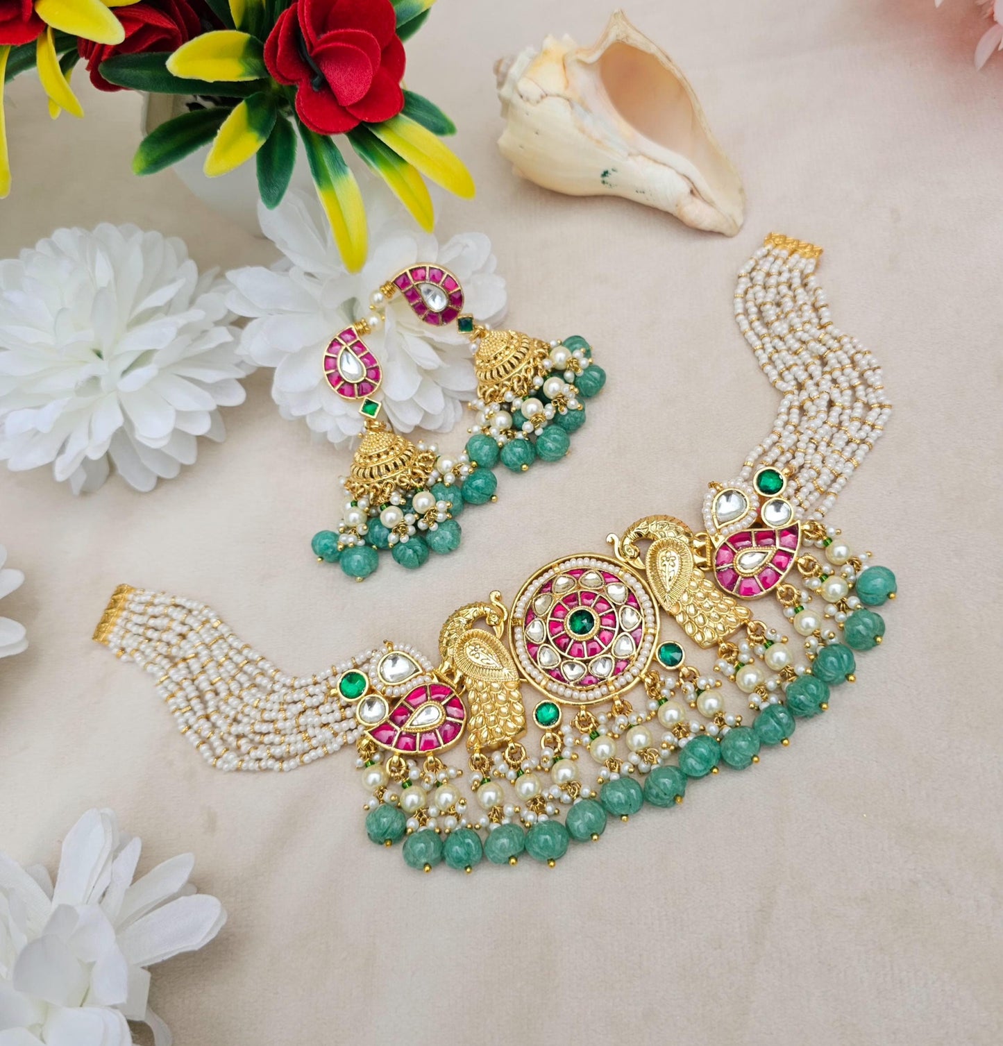 Zevar Jewellery Set Polki Semi-precious Kundan Choker Necklace Set