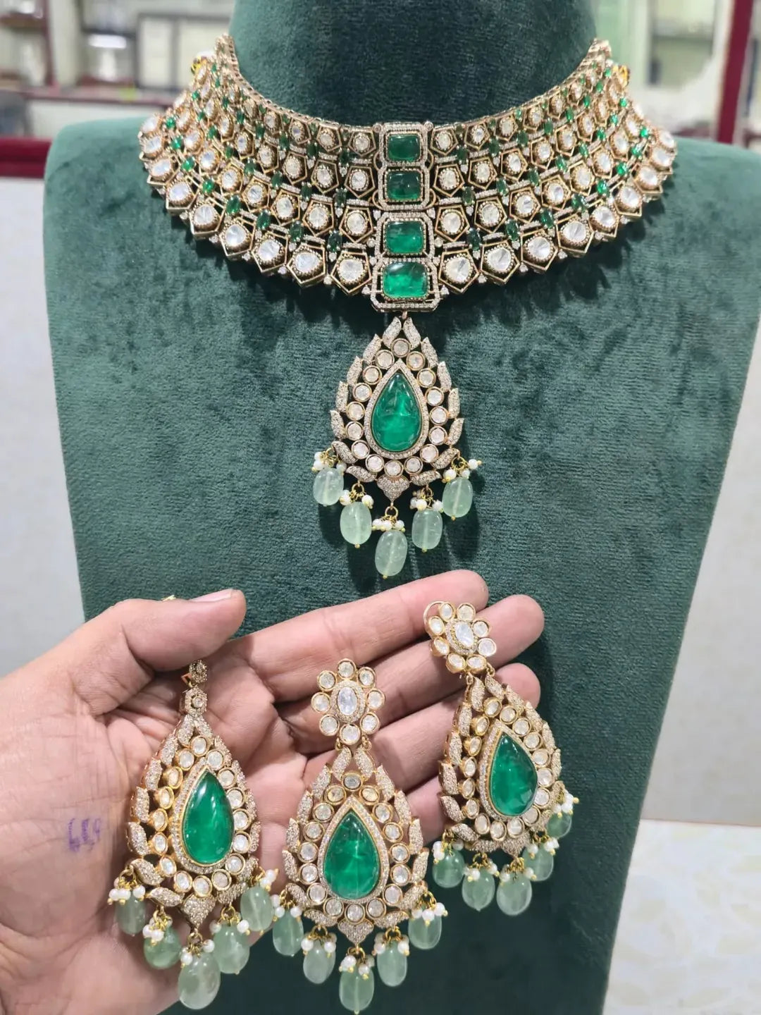 Zevar Jewelry Set Green Polki Real Kundan Choker Necklace Set | Uncut Diamond Bridal Jewelry
