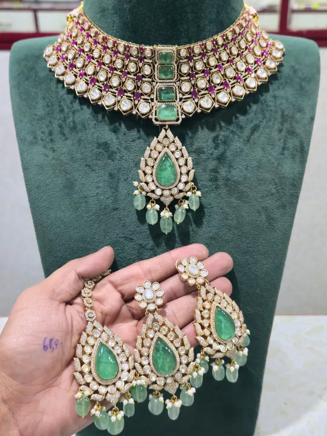 Zevar Jewelry Set M Green + Maroon Polki Real Kundan Choker Necklace Set | Uncut Diamond Bridal Jewelry