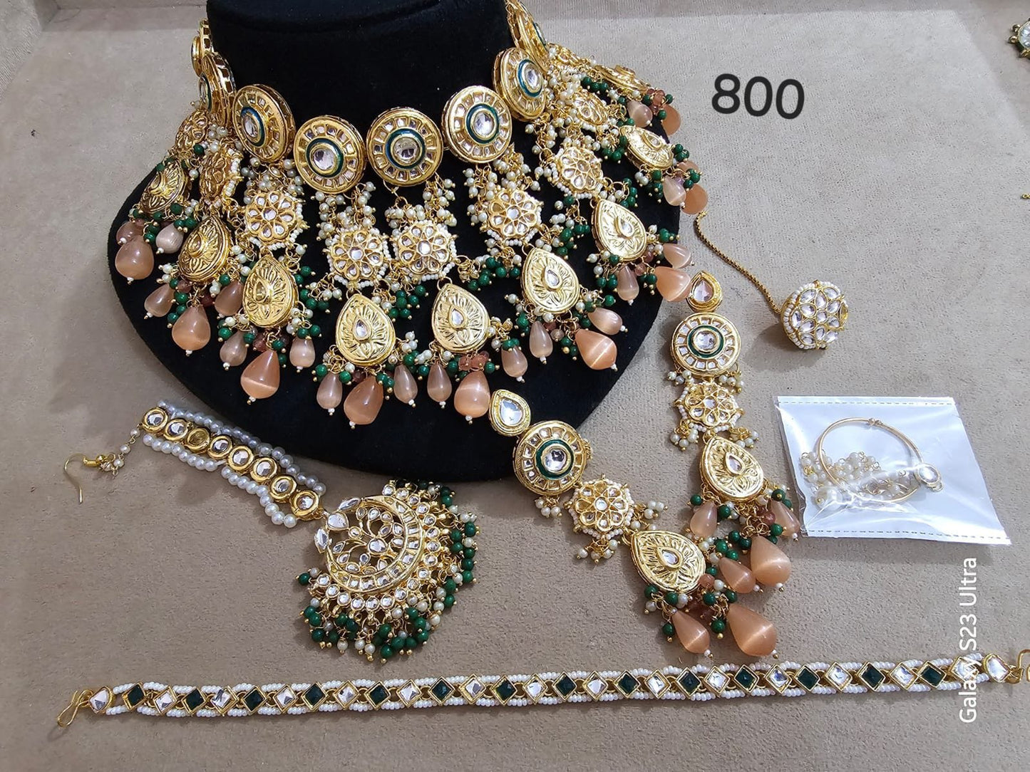 Zevar Kundan Bridal Jewellery Gold-Plated Kundan Bridal Set with Peach and Green Beads