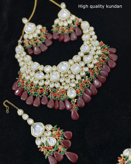 Zevar Kundan Bridal Jewellery Maroon Pink Beads Kundan Jewelry Set