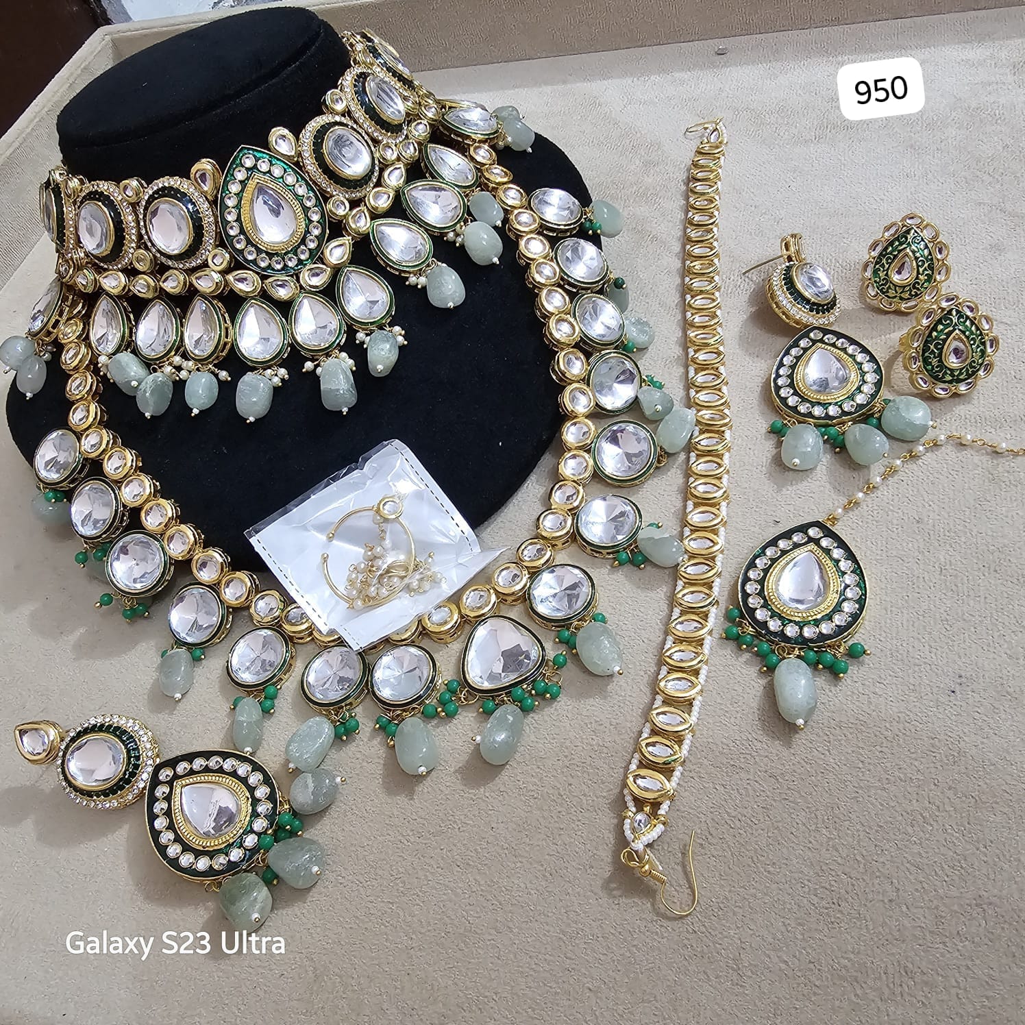 Royal Kundan Bridal Choker Necklace in Green and Gold – Zevar