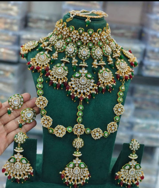 zevar Kundan Bridal Jewelry Set maroon Bridal Kundan Pulki Necklace Set With Green Beads