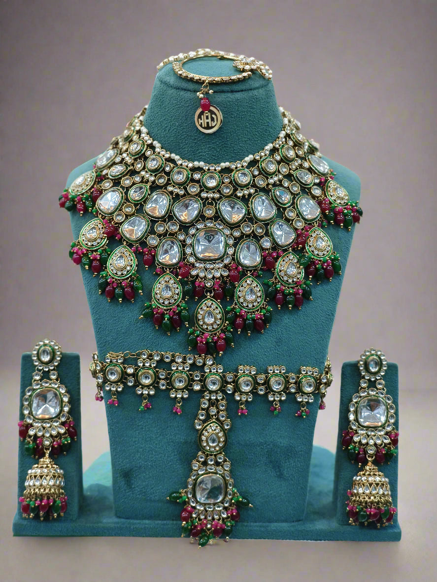 Zevar Kundan Bridal Jewelry Set Pulki Jewelry Set With Heavily Embelished Necklace Earrings A Maang Tikka