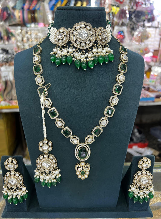 Zevar Long necklace Dark Green American Diamond Choker & Long Necklace Combo – Bridal Jewelry Set Online