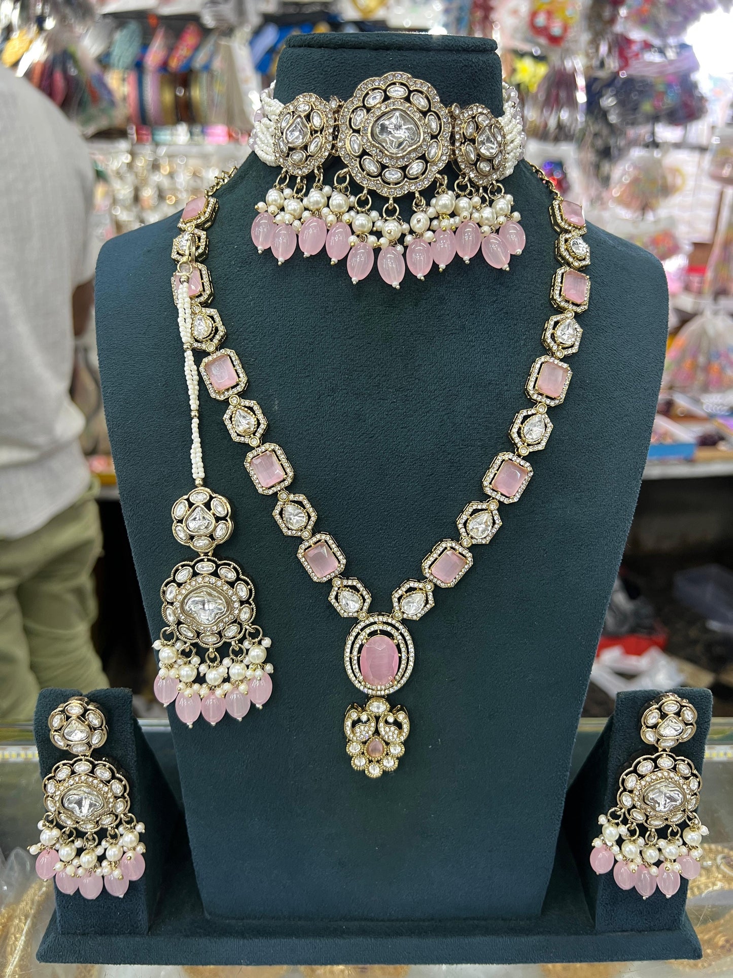 Zevar Long necklace Pink American Diamond Choker & Long Necklace Combo – Bridal Jewelry Set Online