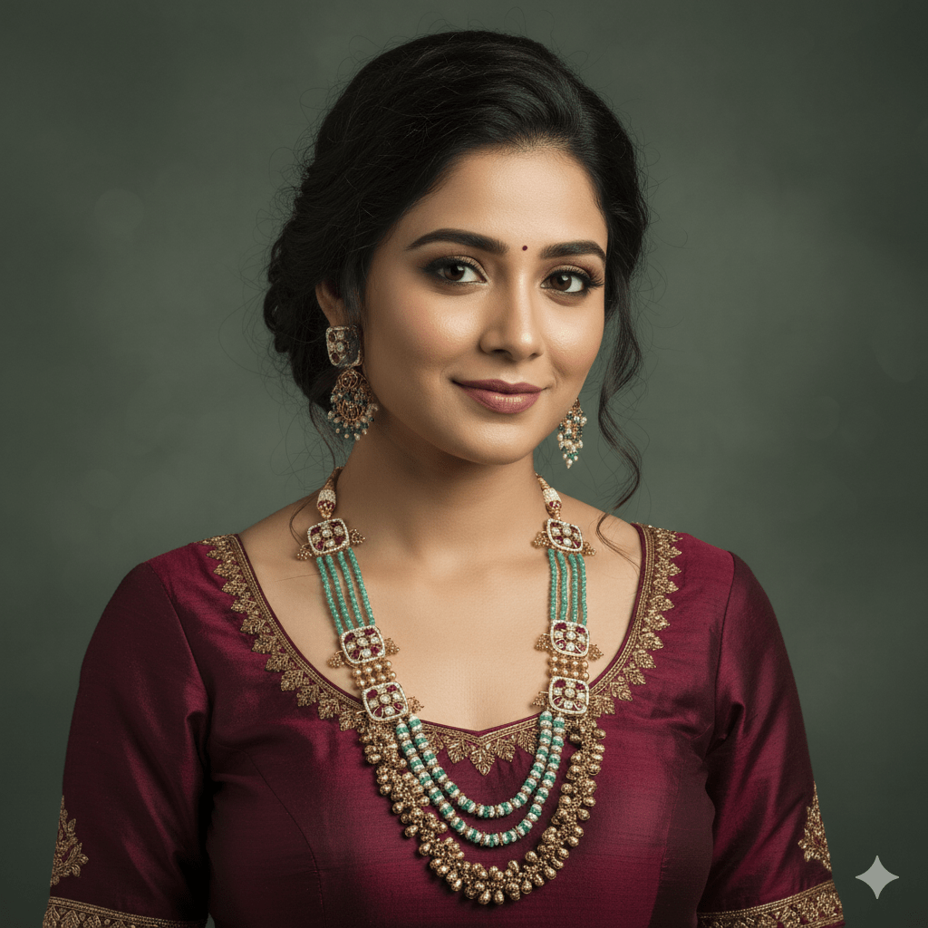 Zevar Long necklace Traditional South Indian Ruby Emerald Beaded Long Necklace Set