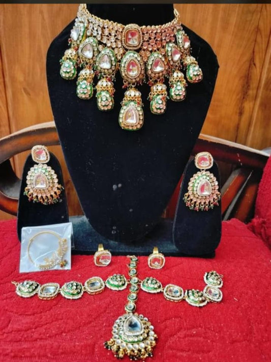zevar Mini Bridal Set Traditional Indian Green White And Red Semi Bridal Set