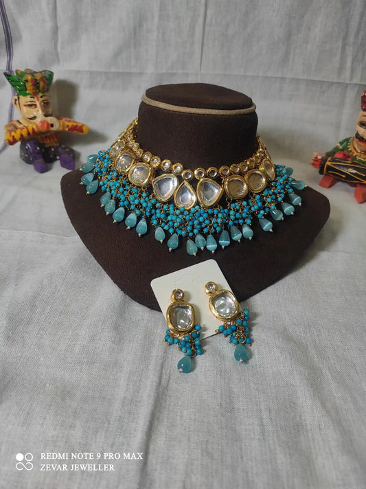 Zevar Necklace High-Quality Kundan Stone Choker Necklace Set - Light Blue