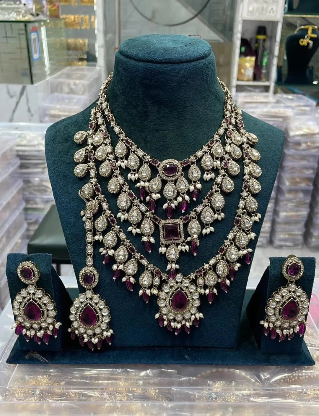 Zevar Necklace Maroon Monzonite Stones Semi Bridal Set - Unique Engagement & Wedding Rings