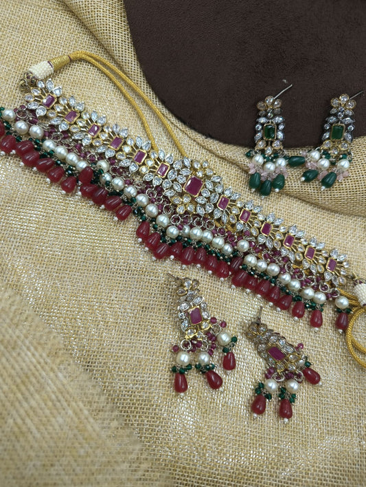 Zevar Necklace Set Maroon Exquisite Polki AD Choker Necklace Set | Bridal Jewellery