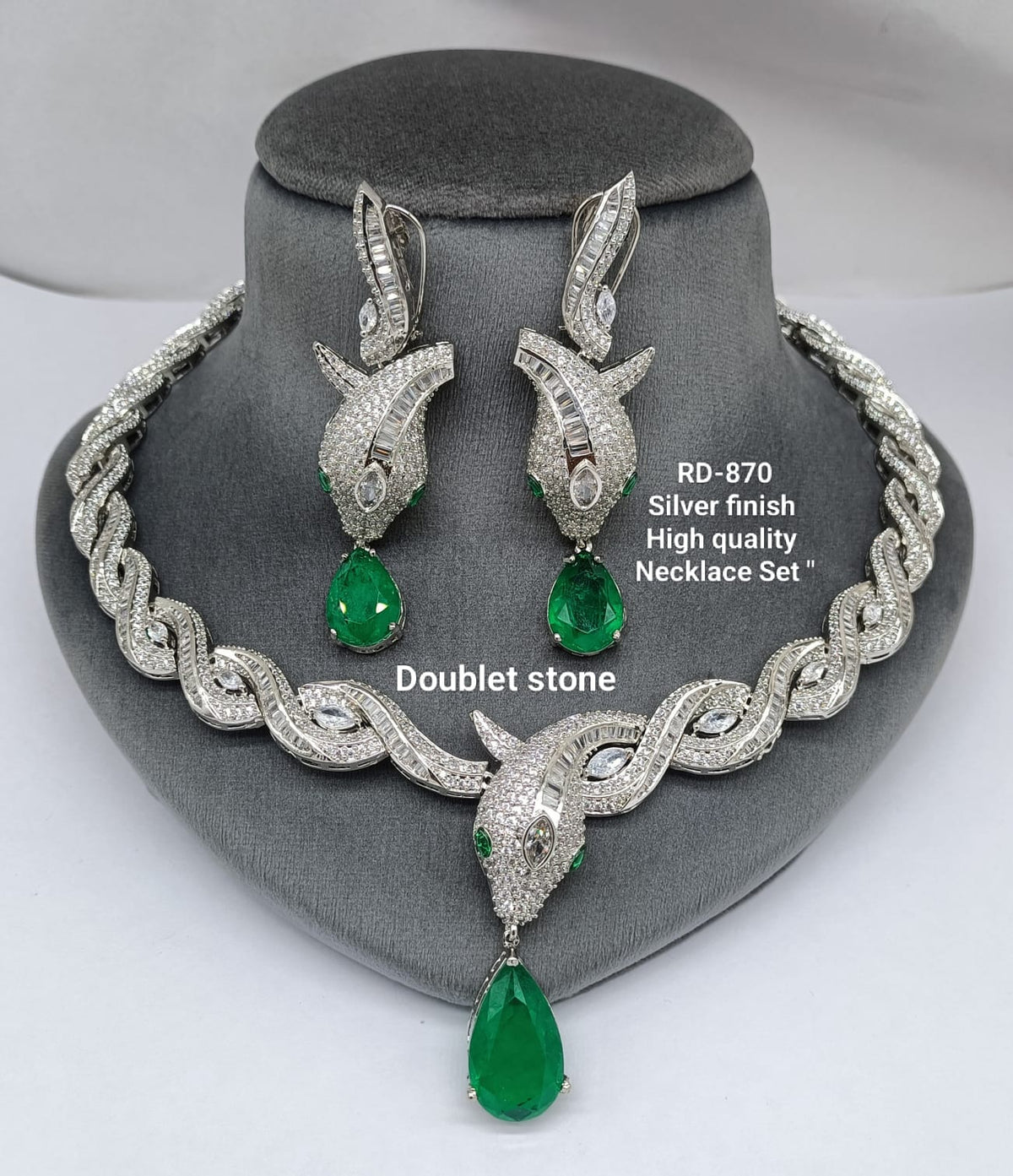 Zevar Necklace Silver Finish Emerald Green Doublet Stone Choker Necklace Set