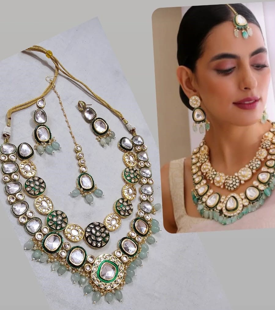 Zevar Necklace Verdant Elegance: Green Kundan Long Necklace