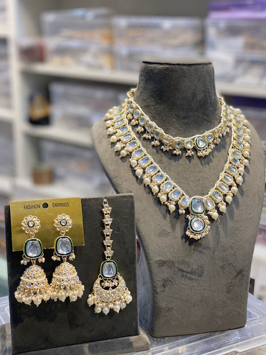 Zevar Necklace Zevar Kundan Pearl Beaded Choker and Long Combo Necklace in Golden - Exquisite Indian Jewelry