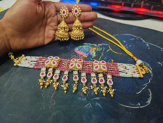 Zevar Necklace Zevar Pink Polki Kundan Choker Necklace Set - Traditional Indian Jewelry