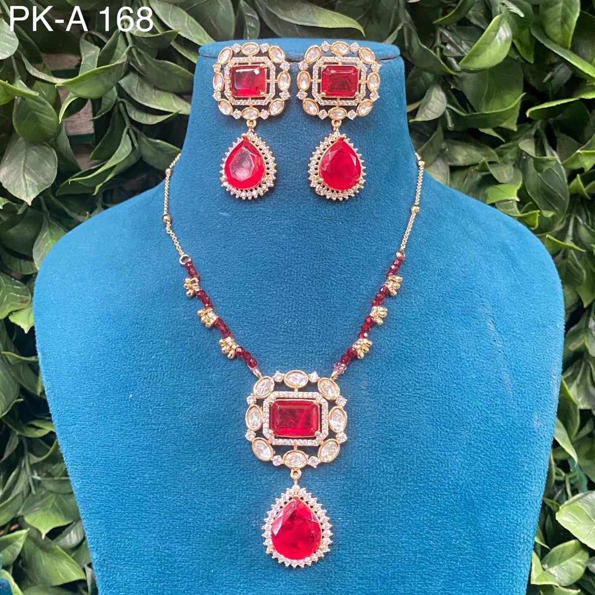Zevar Necklaces Red Pink and Green Stones - Necklace and Earrings