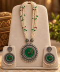 Zevar Peacock Meenakari Pearl Necklace Set with Earrings – Oxidised Silver