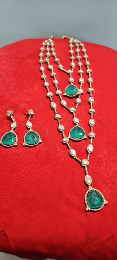 Zevar Pulki with layered Necklace Set Polki And green Emerald polki Layered long Necklace Set