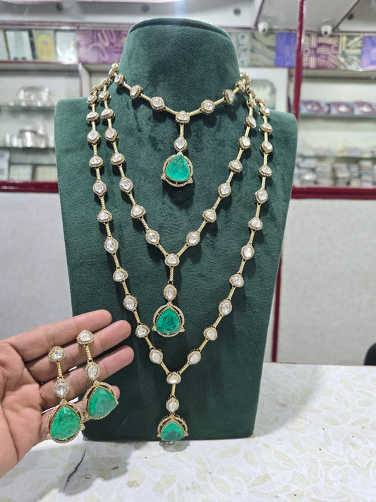 Zevar Pulki with layered Necklace Set Pulki And Emerald Layered Necklace Set