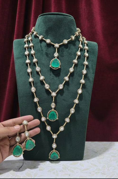 Zevar Pulki with layered Necklace Set Pulki And Emerald Layered Necklace Set