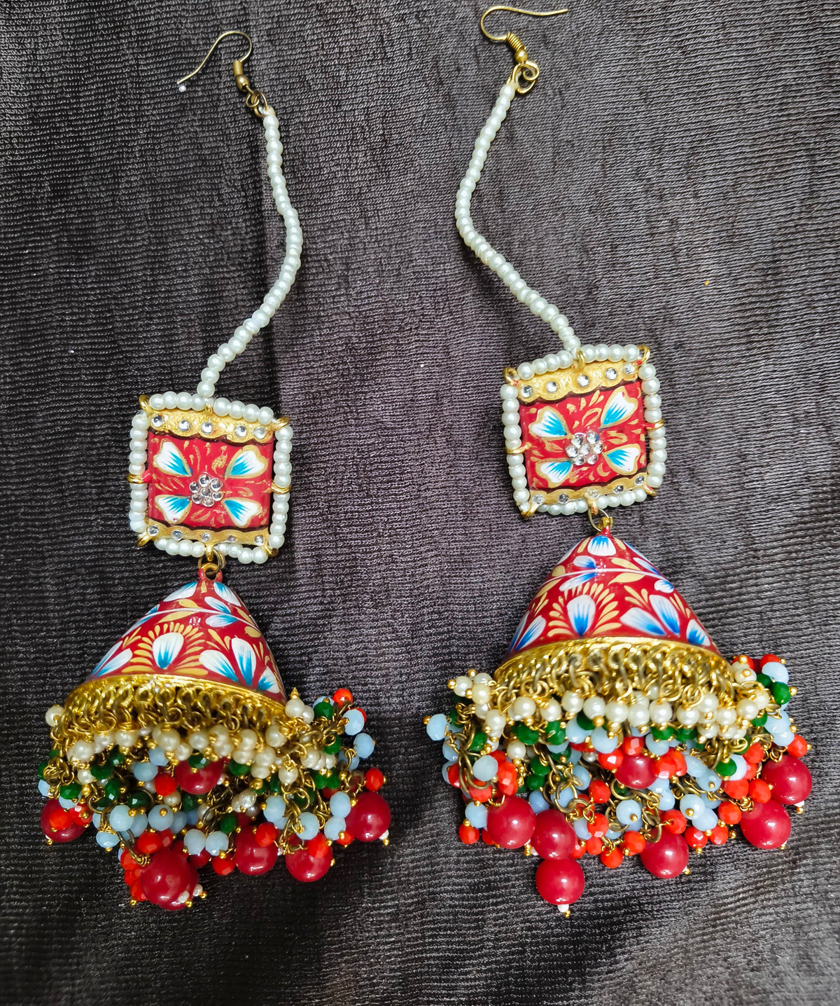 Zevar Red Meenakari Jhumka Earrings | Traditional Kundan Pearl & Beaded Jhumki for Women