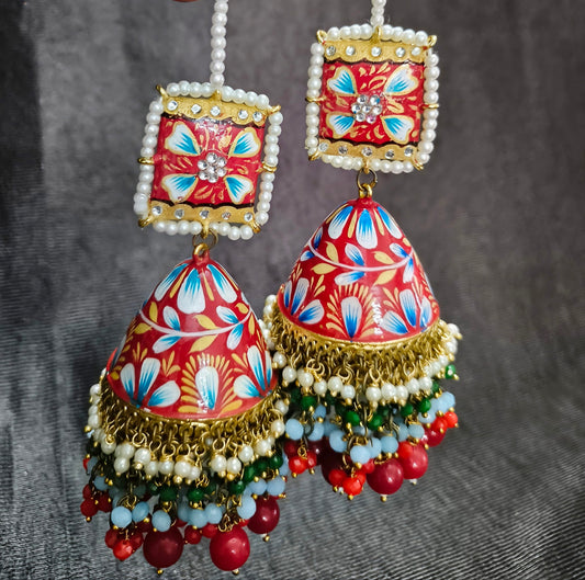 Zevar Red Meenakari Jhumka Earrings | Traditional Kundan Pearl & Beaded Jhumki for Women