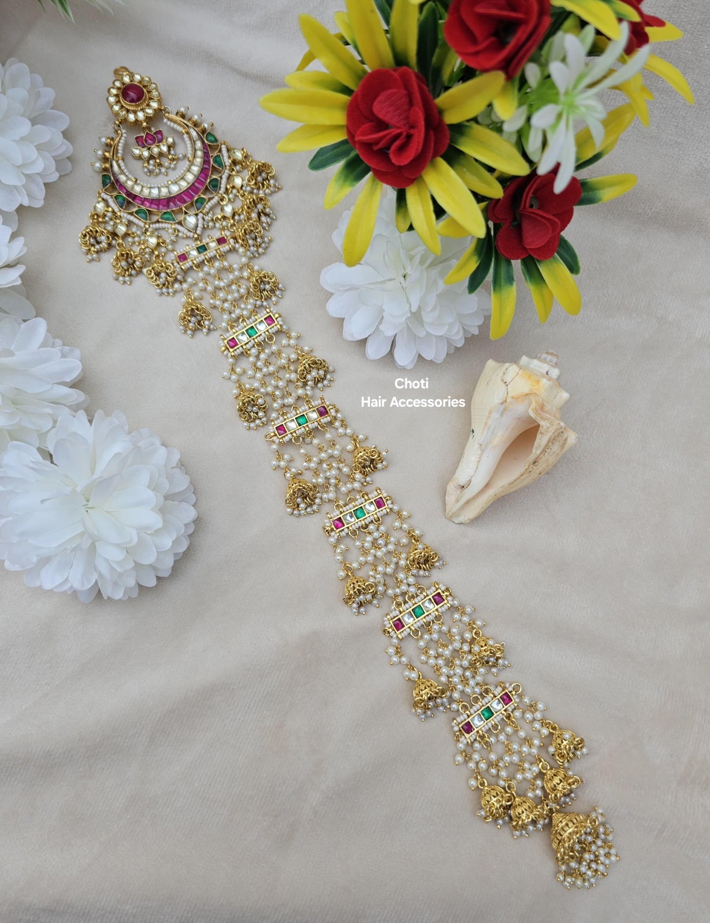 Zevar Regal heavy Pachi Kundan Choti Hair Accessory – Ruby Green & Pearl