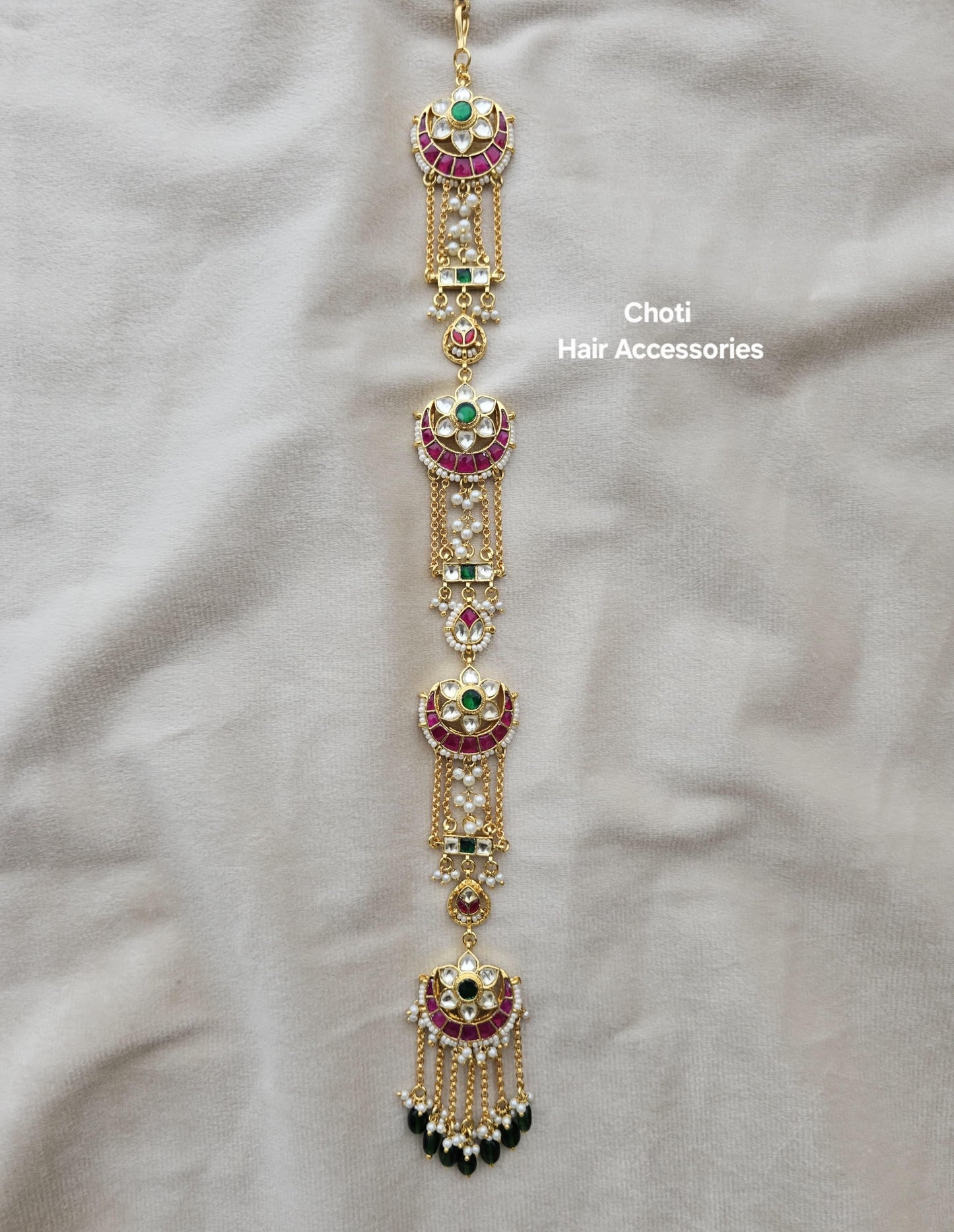 Zevar Regal Pachi Kundan Choti Hair Accessory – Ruby Green & Pearl
