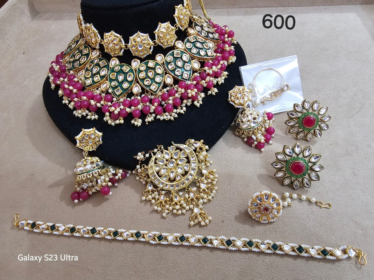 Zevar Semi Bridal Jewellery Semi Bridal Kundan Choker Necklace Set with Earrings, Maang Tikka, Studs & Bracelet – Green & Pink Beads