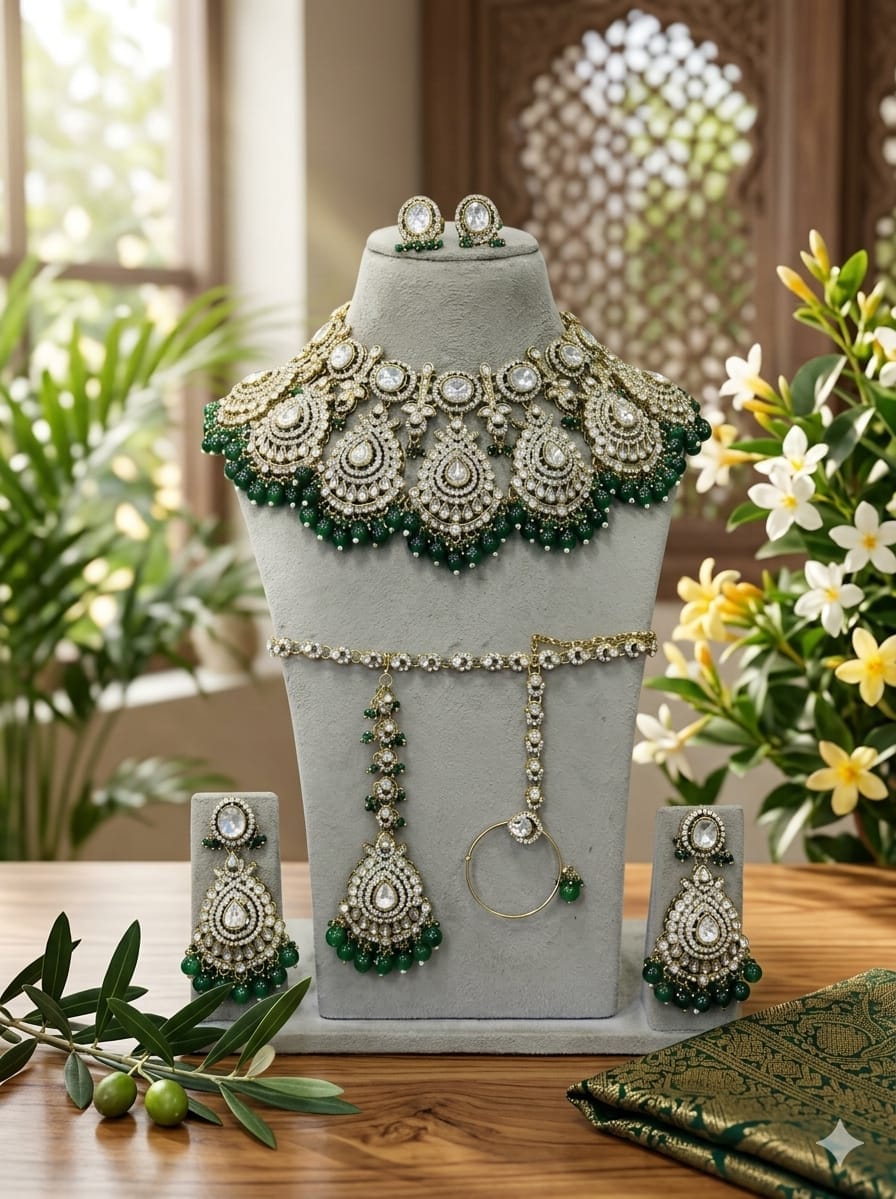 Zevar Semi Bridal Jewelry Set Exquisite Semi Bridal Choker Set with Emerald-Tone Beads, Matha Patti, and Nath