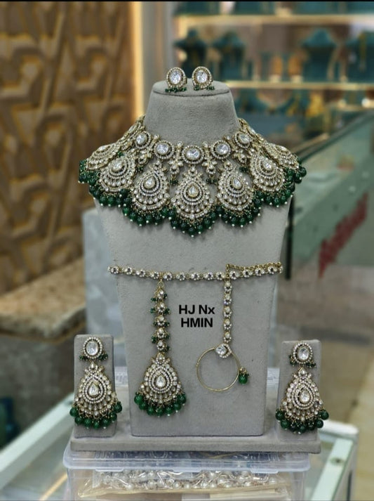 Zevar Semi Bridal Jewelry Set Exquisite Semi Bridal Choker Set with Emerald-Tone Beads, Matha Patti, and Nath
