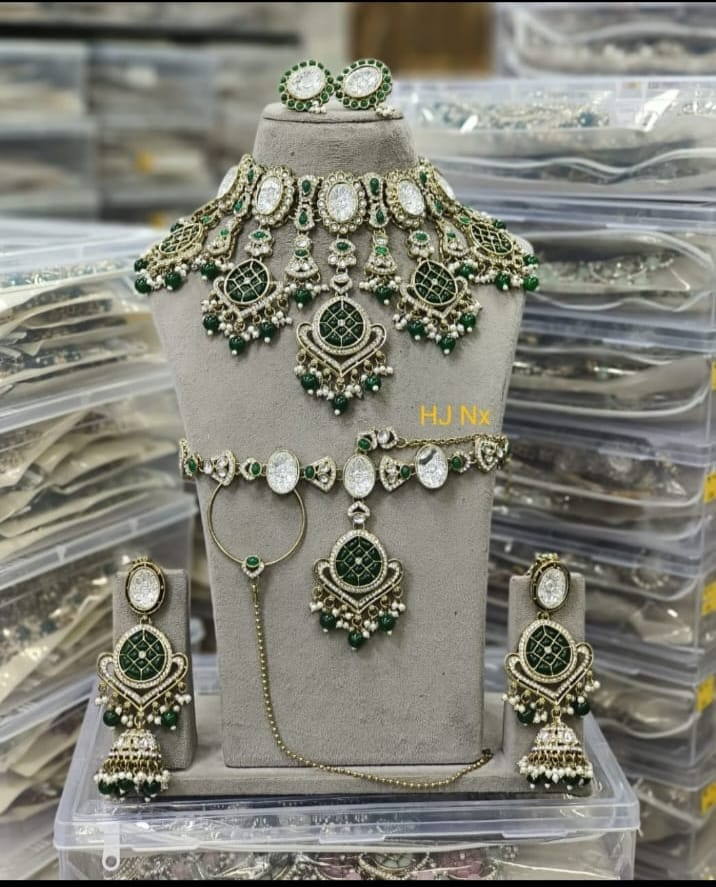 Zevar Semi-Bridal Jewelry Set Regal Green Semi Bridal Jewelry Set with Pearl Drops and Bridal Accessories