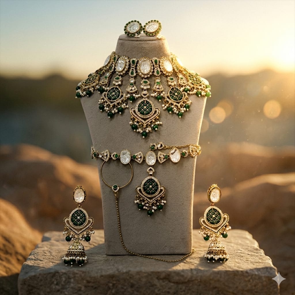 Zevar Semi-Bridal Jewelry Set Regal Green Semi Bridal Jewelry Set with Pearl Drops and Bridal Accessories