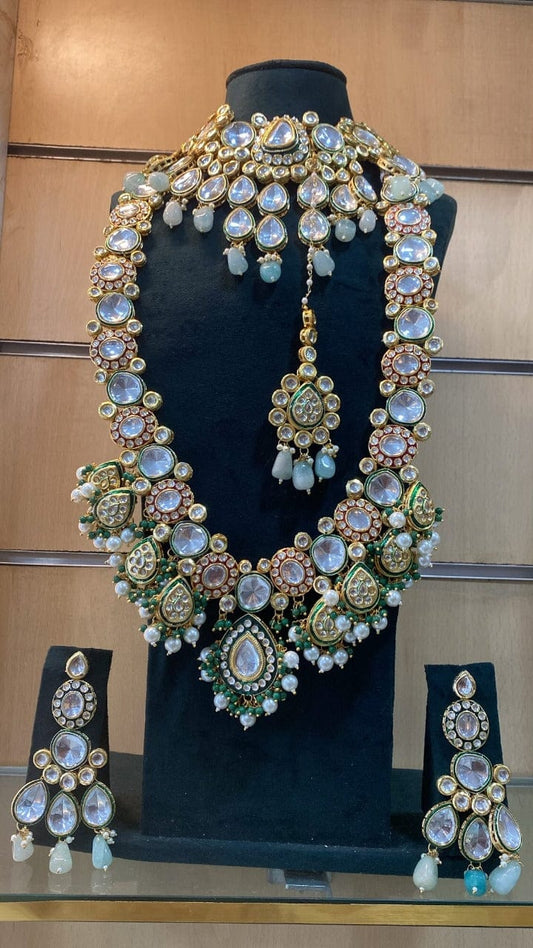 zlv Kundan Bridal Jewellery Verdant Elegance: Green Kundan Bridal Set choker and long