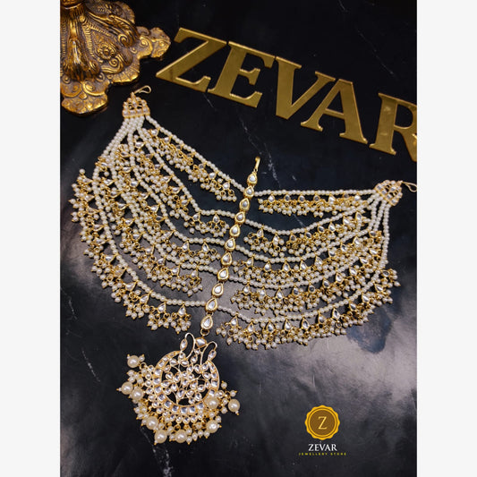 Zevar 5 Layers White Kundan-Studded & Pearl Beaded Handcrafted Matha Patti By Zevar