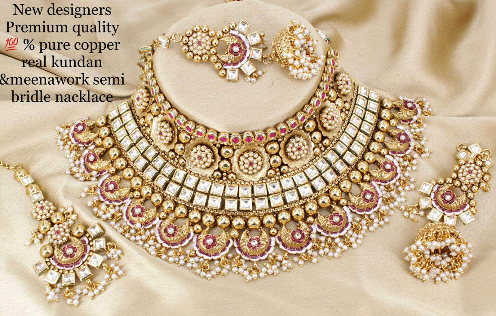 ZEVAR I Pure Copper Kundan & Meenawork Semi Bridal Necklace Set