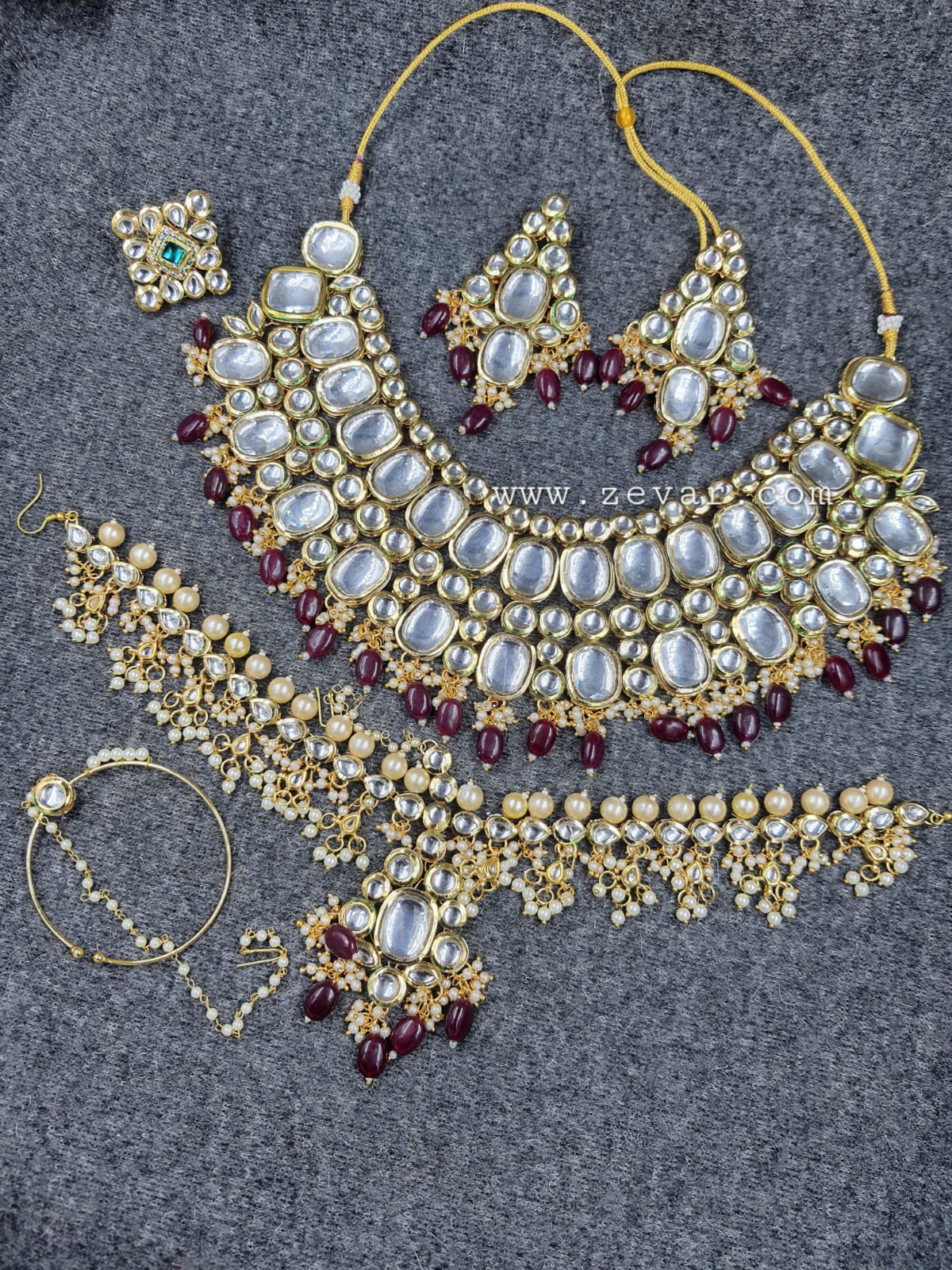 Zevar Bridal necklace maroon ZEVAR | Kundan Choker Necklace Earring With Maangtikka