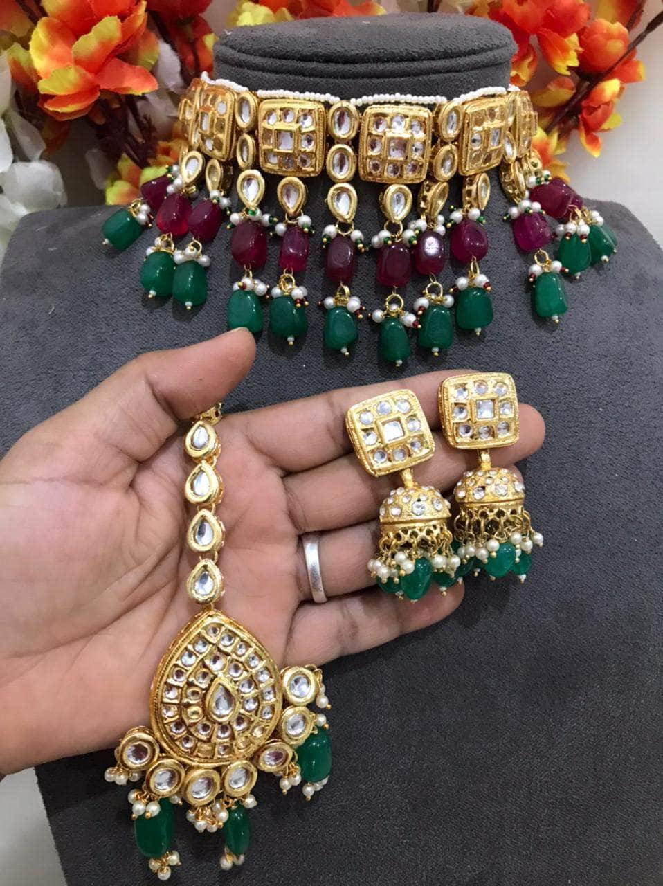 Zevar choker necklace Choker Necklace With Mangtikka, Earrings By Zevar