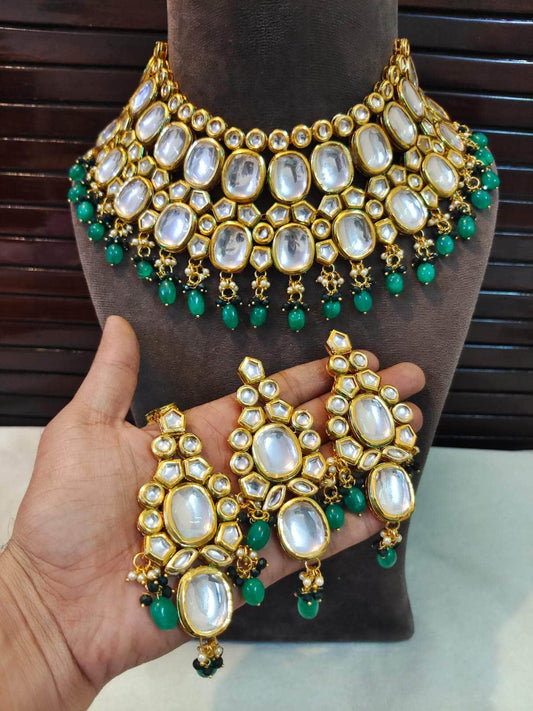 Zevar choker necklace Dark Green Pearl Studded Choker Necklace Set By Zevar