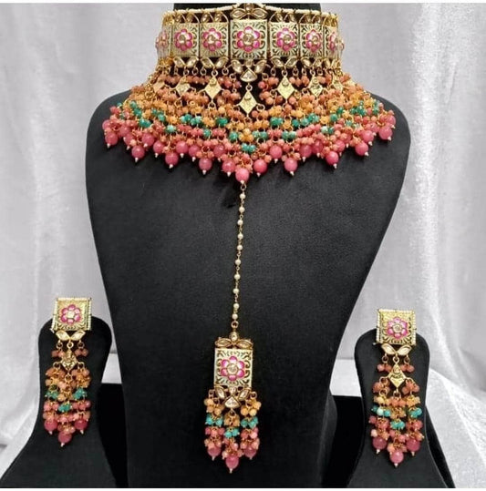 Zevar choker necklace Dark Pink Party Wear Pearl Choker Necklace Set By Zevar