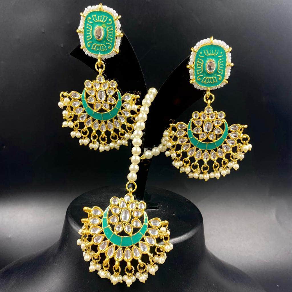 ZEVAR I Green Large Maang Tikka With Chandbali Earrings Combo Set