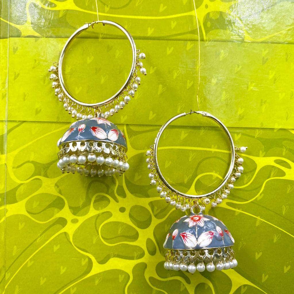 Zevar Earrings Beautifull Grey Hoop Earring Hand Painted Meenakari Jhumka By Zevar.