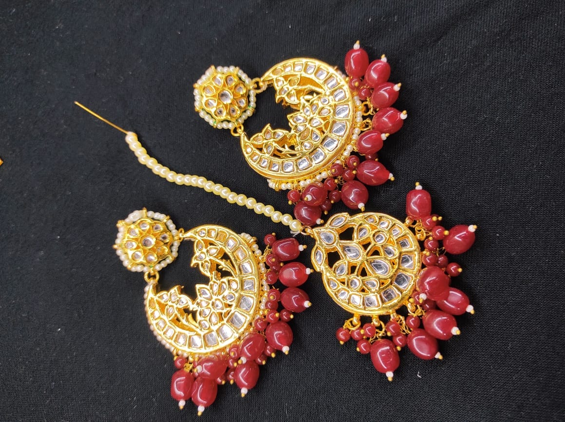 Zevar Earrings Copy of High Quality kundan earrings With Maangtika Back Side Meenakari Work Set By Zevar