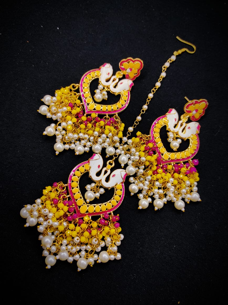 Zevar Earrings Copy of Traditional kundan earrings With Maangtika Set By Zevar