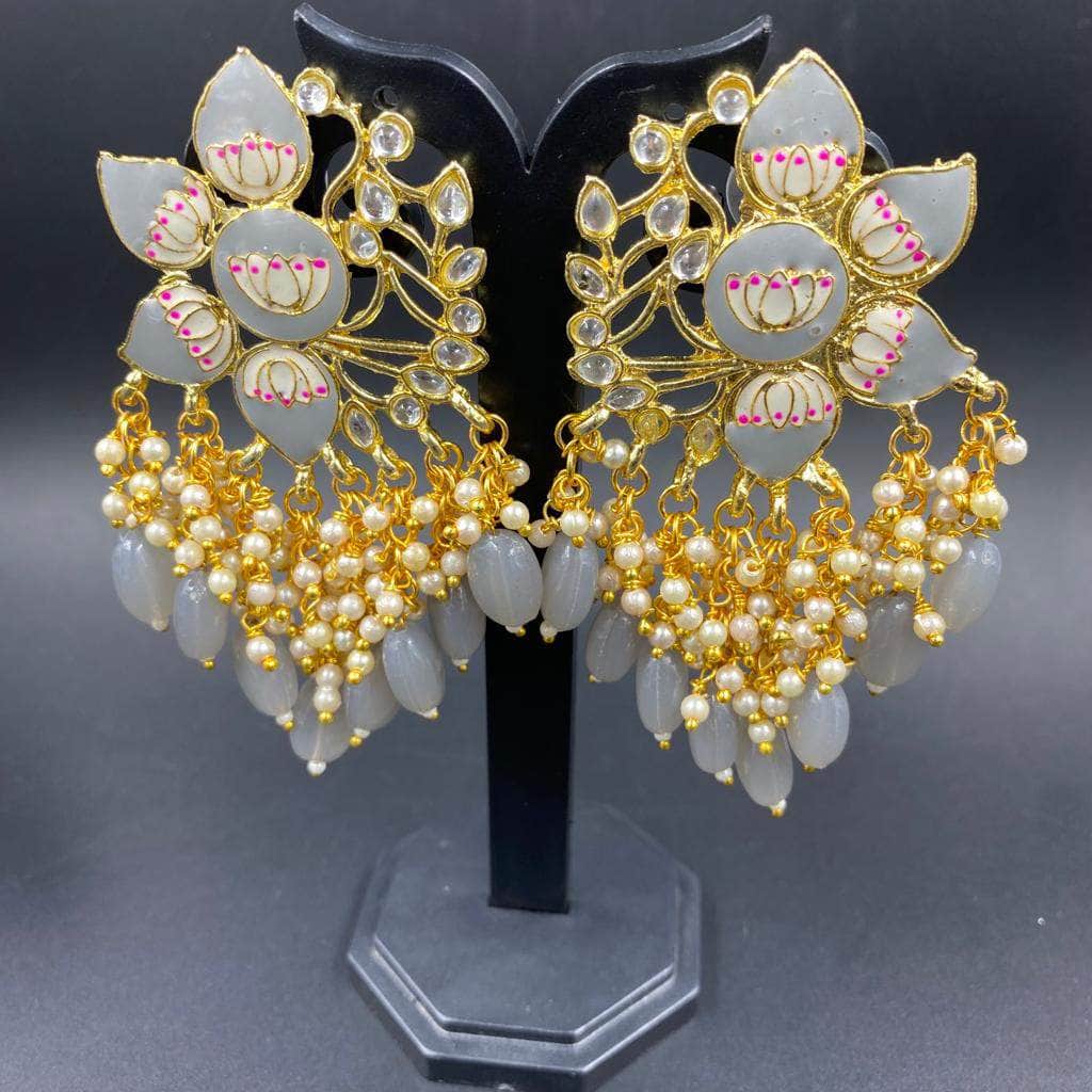 Zevar Earrings Gold Finished Grey Pearl Kundan Earring Desing By zevar.