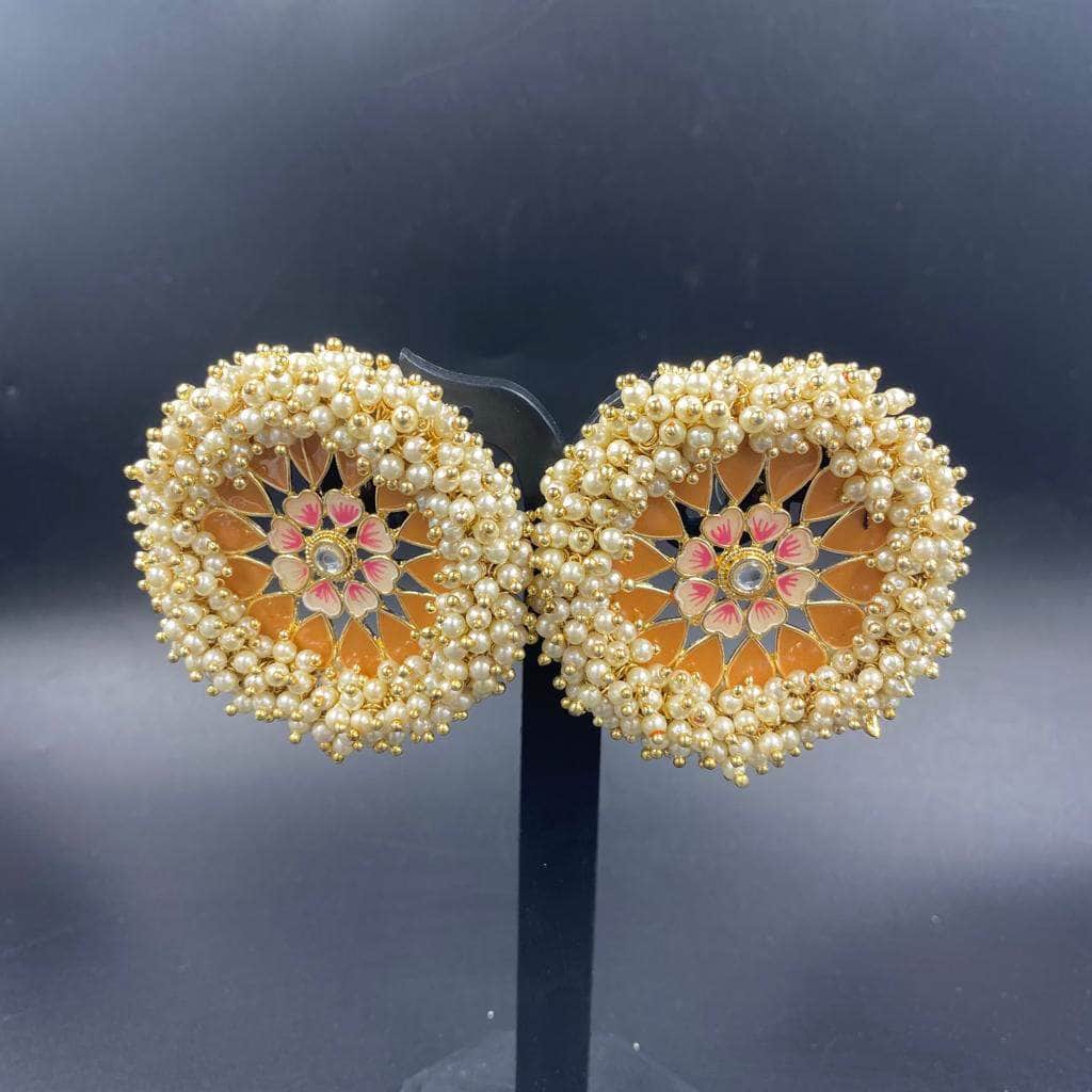 Zevar Earrings Gorgeous Hand Painted Meenakari With Cluster Pearl Stud Earrings Desing By Zevar.